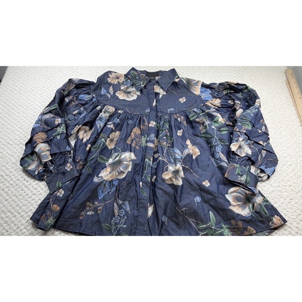 Gracia Floral Tencel Boho Peasant Blouse Pintuck Balloon Sleeve Women Medium